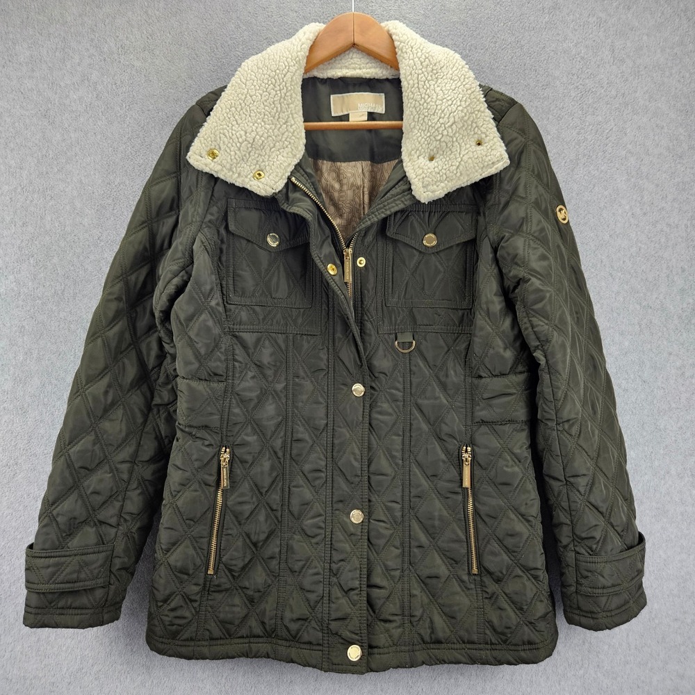 MICHAEL KORS Quilted Jacket Women M Green Sherpa Collar Gold Hardware Barn Coat